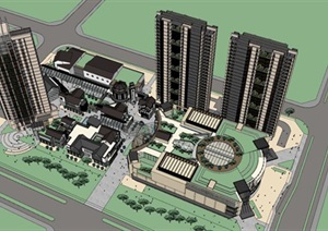 民国风商业 现代住宅综合体建筑方案SU(草图大师)模型