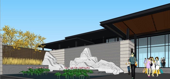 新中式风格售楼处建筑与景观方案SU模型(9)