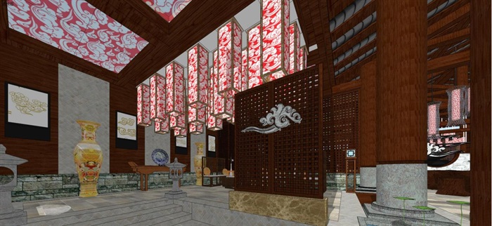 古典中式餐饮会所室内设计方案SU模型(3)