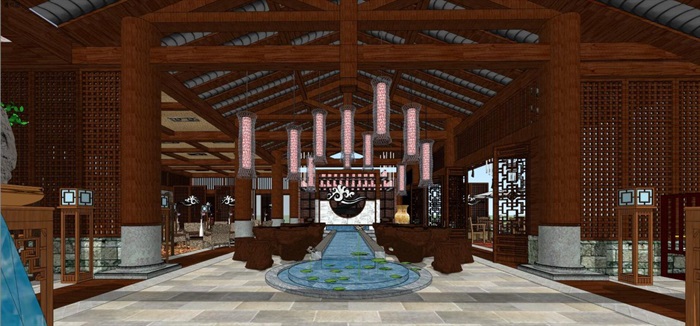 古典中式餐饮会所室内设计方案SU模型(7)