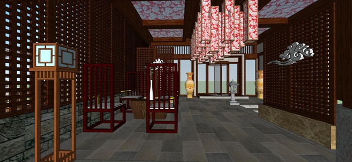 古典中式餐饮会所室内设计方案SU模型(10)