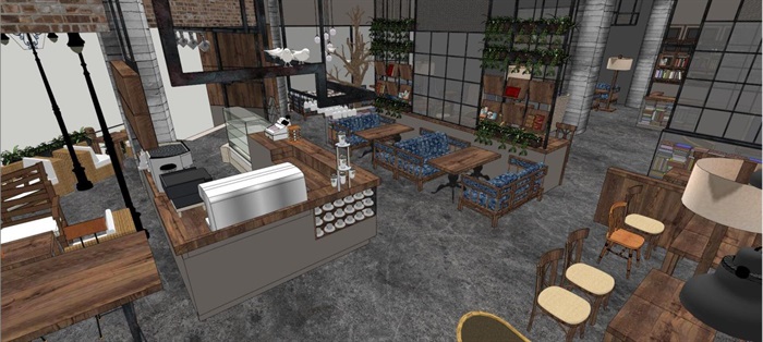 现代风格loft咖啡厅装潢方案SU模型(3)