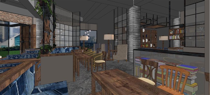现代风格loft咖啡厅装潢方案SU模型(7)