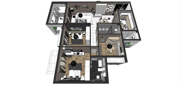 现代风格三房两厅两卫户型室内设计SU模型(12)