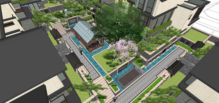 大理唐林恒新中式联排别墅与宅间景观设计方案SU模型(3)
