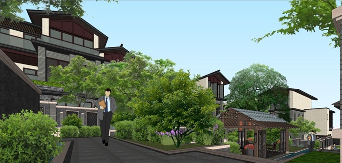 大理唐林恒新中式联排别墅与宅间景观设计方案SU模型(11)