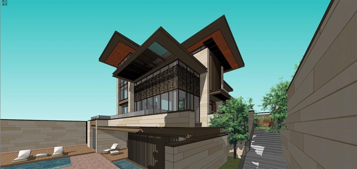 恒生半岛新亚洲风格独栋别墅SU模型(9)