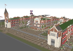 两个西班牙风格美食广场商业街建筑方案SU(草图大师)模型