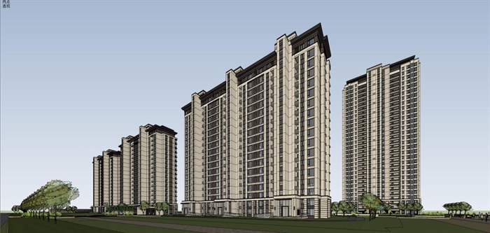 富力十号现代风格高层住宅+商业街项目SU模型(11)