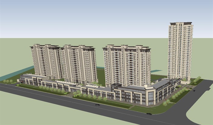 富力十号现代风格高层住宅+商业街项目SU模型(12)