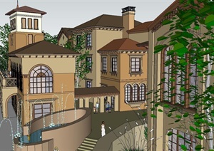 普罗旺斯小镇西班牙风格商业街SU(草图大师)模型