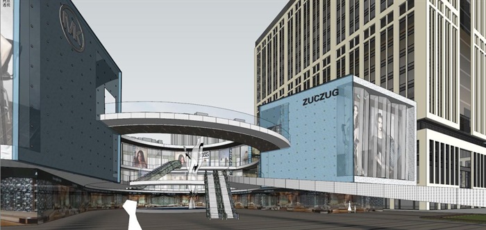 中海褐石风格商业中心+现代办公楼SU模型(2)