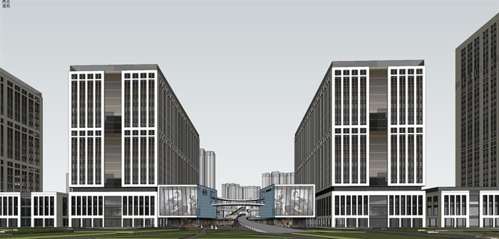 中海褐石风格商业中心+现代办公楼SU模型(5)