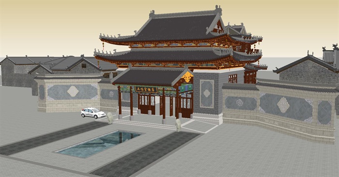 仿古中式酒店大堂建筑方案SU模型(1)