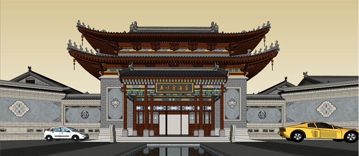 仿古中式酒店大堂建筑方案SU模型(2)