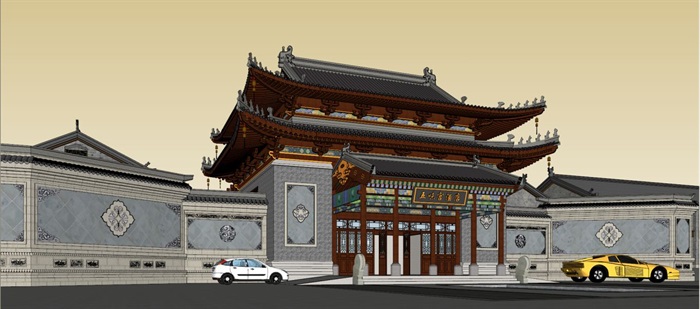 仿古中式酒店大堂建筑方案SU模型(3)