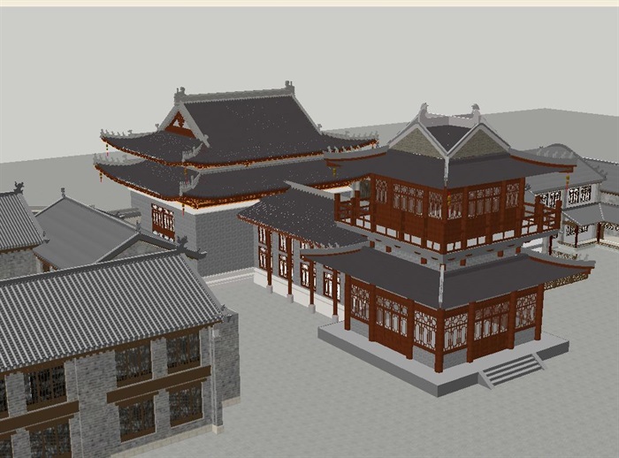 仿古中式酒店大堂建筑方案SU模型(4)