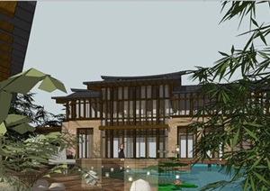 新中式度假酒店建筑方案SU(草图大师)模型