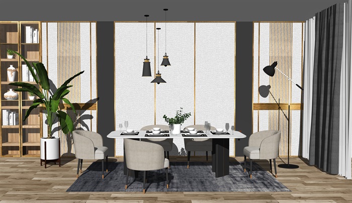 现代餐桌椅组合背景墙装饰品盆栽SU模型(1)