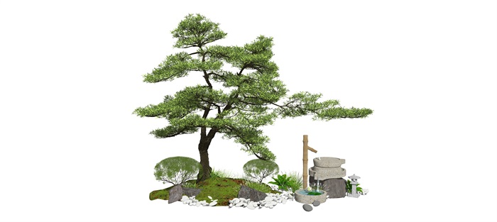 新中式景观小品庭院景观跌水景观石磨植物石头水景SU模型(1)