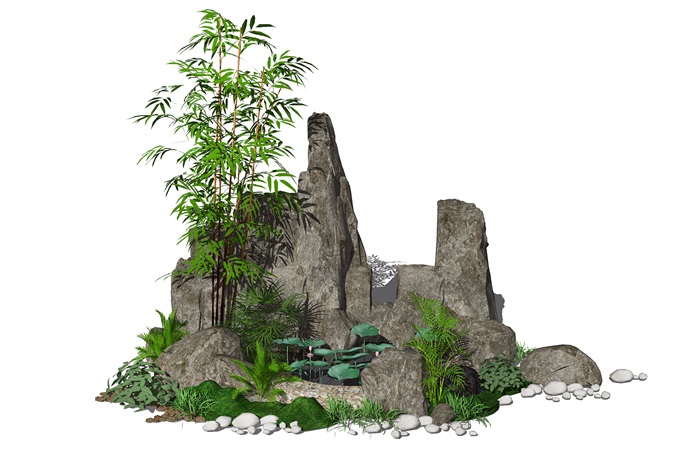 新中式假山叠石水景跌水景观庭院景观小品SU模型(1)