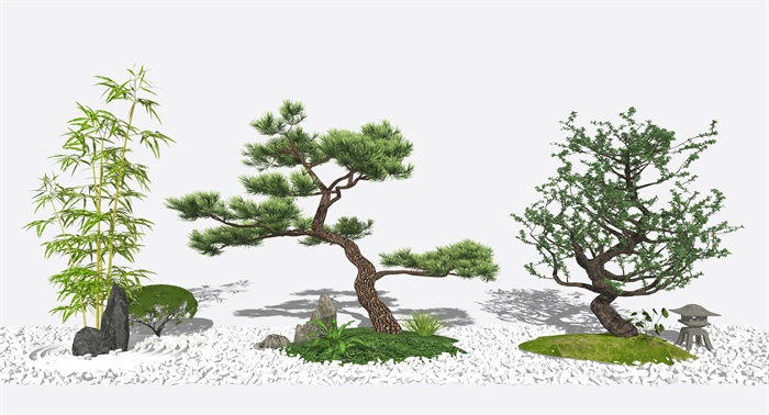 新中式景观小品景观树鹅卵石su模型