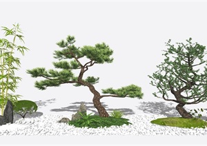 新中式景观小品景观树鹅卵石SU(草图大师)模型