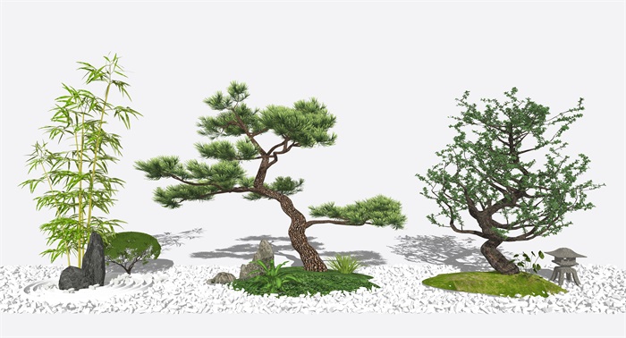 新中式景观小品庭院景观 景观树 鹅卵石su模型