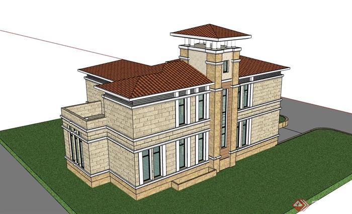两层完整的详细别墅详细建筑设计su模型