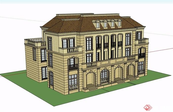 三层欧式风格完整的别墅详细建筑设计su模型