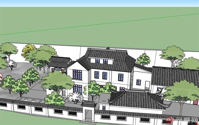中式私人别墅详细建筑设计su模型