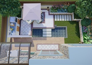 现代别墅庭院设计SU(草图大师)模型及效果图