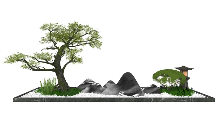 新中式庭院景观小品 景观树 假山石头su模型(1)