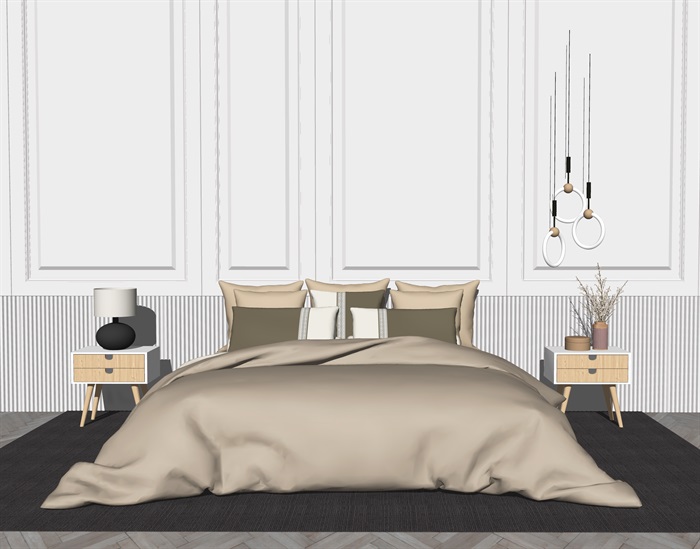 现代卧室 双人床 床床头柜su模型(1)