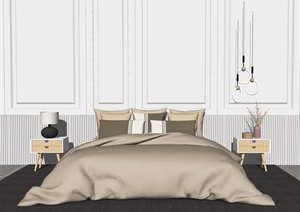 现代卧室 双人床 床床头柜SU(草图大师)模型