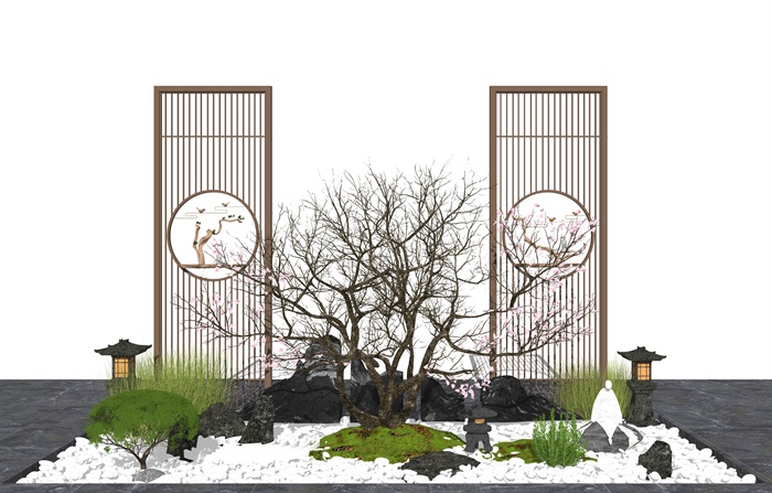 新中式庭院景观 景观小品 枯枝 隔断 假山石头 植物su模型(3)