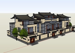 古典中式联排别墅详细建筑SU(草图大师)模型