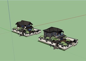 详细的欧式独特完整的别墅设计SU(草图大师)模型含庭院
