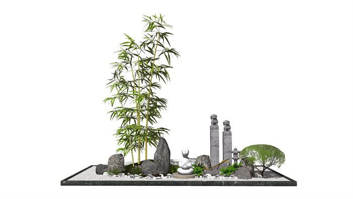 新中式日式景观小品跌水景观水景栓马柱石头佛像石灯SU模型(1)