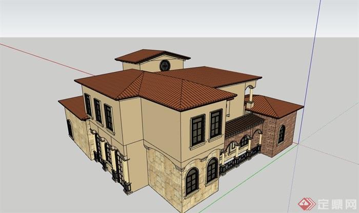 两层完整的欧式住宅建筑别墅su模型