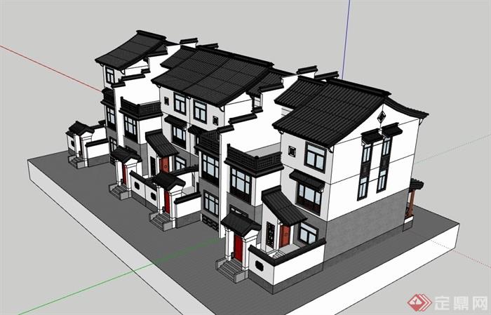 中式风格三层完整住宅建筑别墅su模型