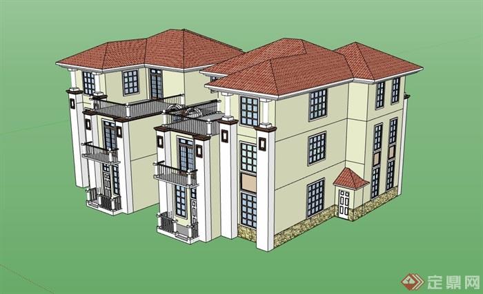 双拼整体详细的别墅建筑详细设计su模型