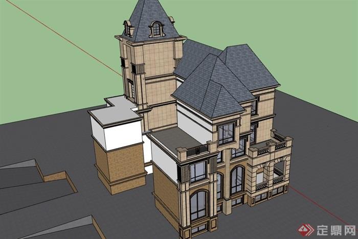 英式风格独栋三层别墅建筑详细设计su模型