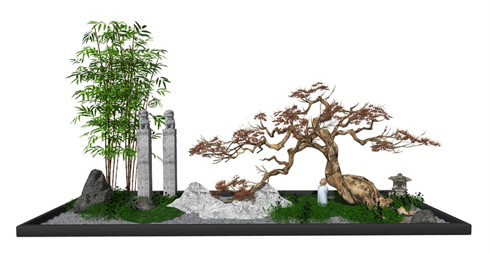 新中式庭院景观景观小品 景观树 su模型(1)