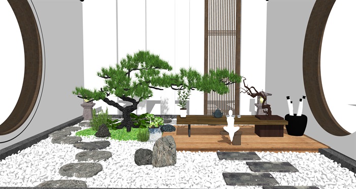 新中式庭院景观景观小品 景观树 假山造景su模型(1)