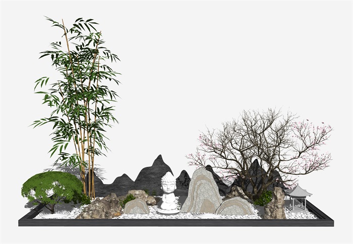 日式枯山石庭院 庭院景观 植物su模型(1)