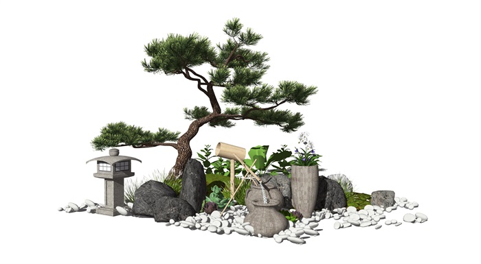 新中式日式景观小品跌水景观水景松树罗汉松石头陶罐石灯SU模型(1)