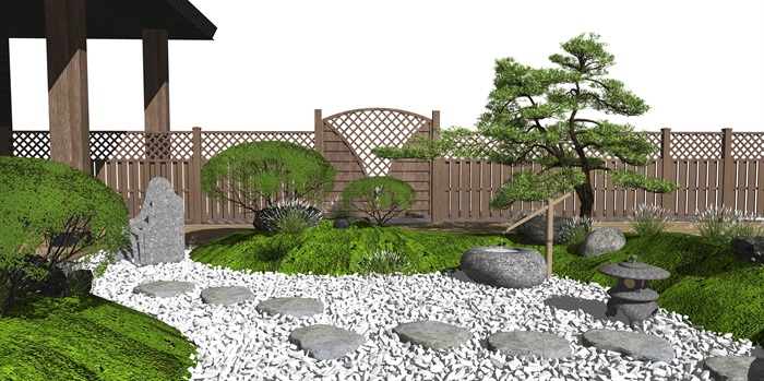 日式枯山水禅意庭院景观 景观小品 枯枝 景观树 鹅卵石 石头 建筑su模型(1)