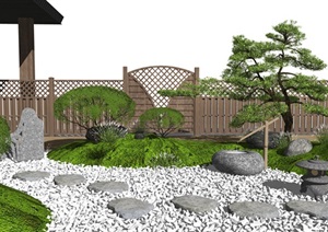 日式枯山水禅意庭院景观 景观小品 枯枝 景观树 鹅卵石 石头 建筑SU(草图大师)模型