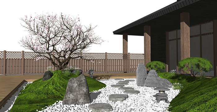 日式枯山水禅意庭院景观 景观小品 枯枝 景观树 鹅卵石 石头 建筑su模型(2)